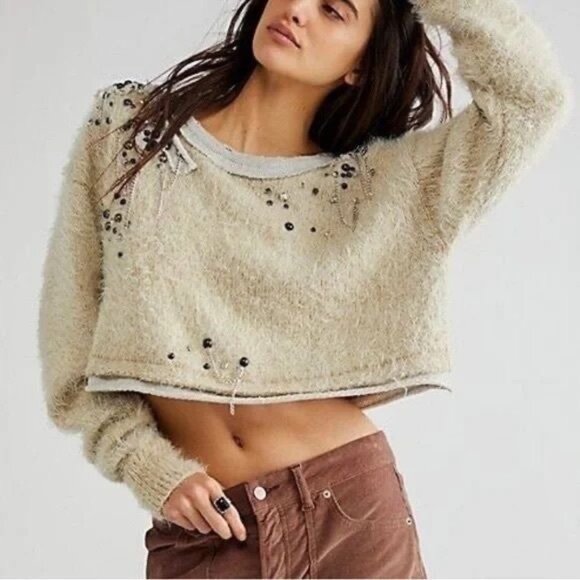 RARE NWT Free People Embellished Pull Over Knit Sweater | Mob Wife Coquette Boho - Picture 14 of 16